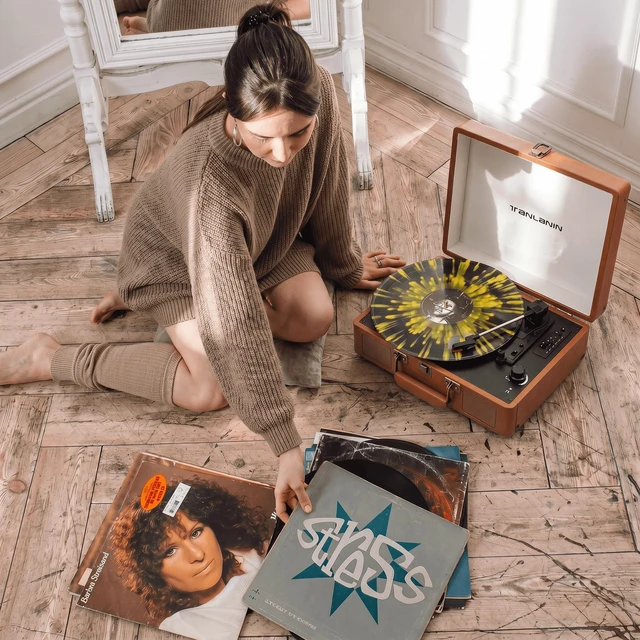 Alt view image 4 of 7 - Portable Vinyl Record Player with Built-in Speakers, 3-Speed Bluetooth Input Turntable, USB/TF Record & Play, LED Display, Headphone Jack, RCA Out, AUX in, Auto Stop, Brown Leather