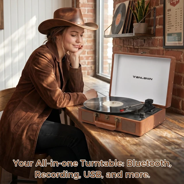 Alt view image 5 of 7 - Portable Vinyl Record Player with Built-in Speakers, 3-Speed Bluetooth Input Turntable, USB/TF Record & Play, LED Display, Headphone Jack, RCA Out, AUX in, Auto Stop, Brown Leather