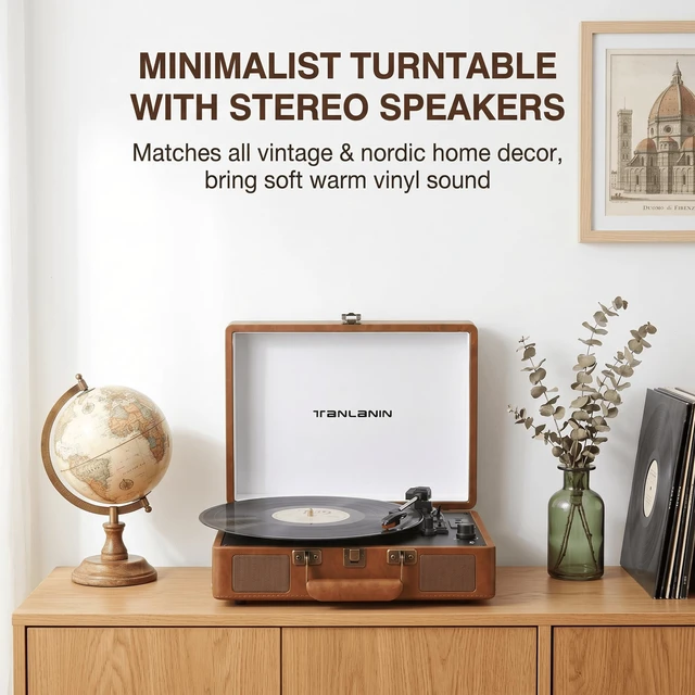 Alt view image 7 of 7 - Portable Vinyl Record Player with Built-in Speakers, 3-Speed Bluetooth Input Turntable, USB/TF Record & Play, LED Display, Headphone Jack, RCA Out, AUX in, Auto Stop, Brown Leather
