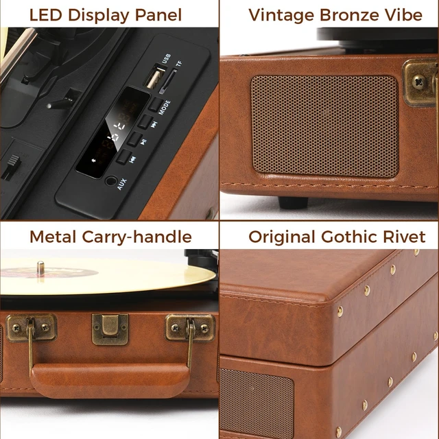 Alt view image 6 of 7 - Portable Vinyl Record Player with Built-in Speakers, 3-Speed Bluetooth Input Turntable, USB/TF Record & Play, LED Display, Headphone Jack, RCA Out, AUX in, Auto Stop, Brown Leather