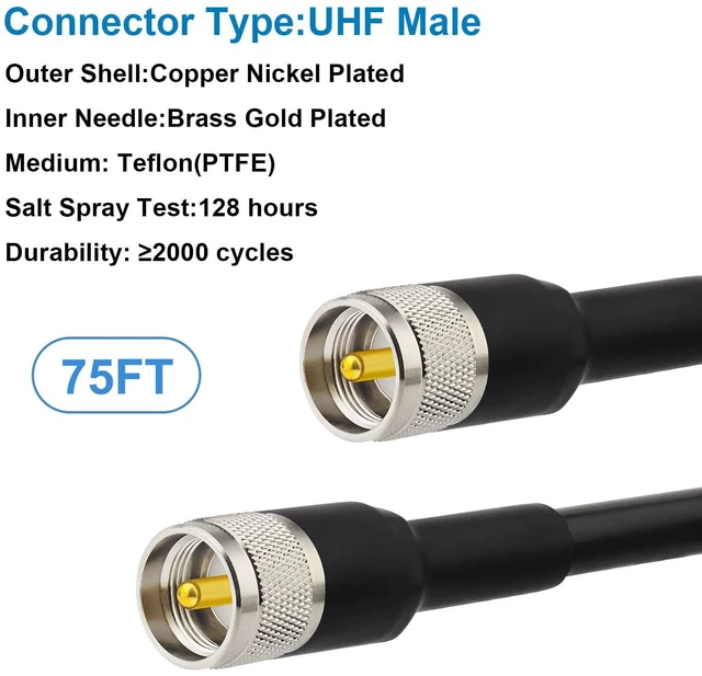Alt view image 2 of 7 - 75FT RG8 PL259 Coaxial Cable - Male to Male, Low Loss UHF Cable for CB, HAM, VHF Radios, SWR Meter, Antenna Analyzer