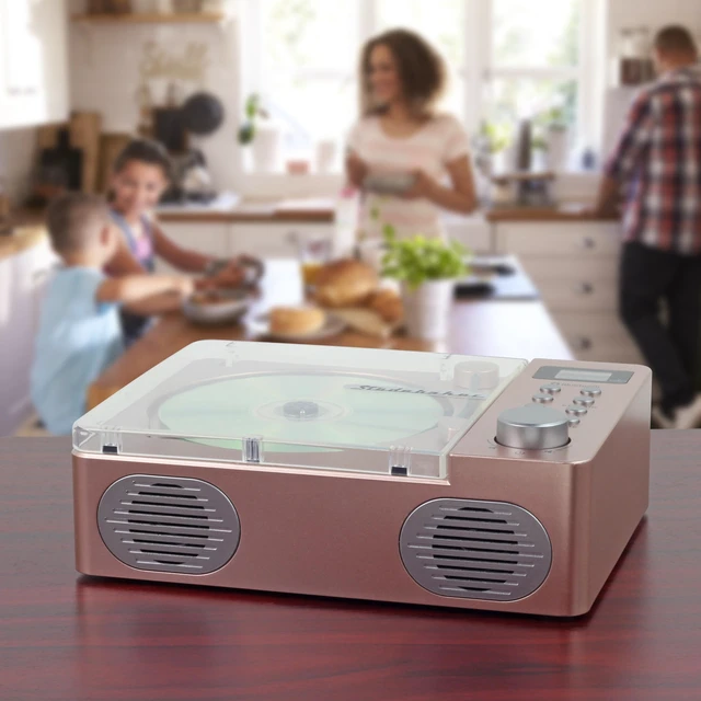 Alt view image 5 of 7 - SB3720 Portable Stereo Bluetooth CD Player with MP3 Playback, FM Radio, USB, and Built-in Rechargeable Battery (Rose Gold)