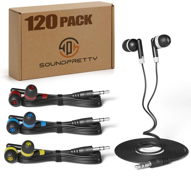 Main image of SOUNPRETTY 120 Pack Wholesale School Earbuds in Bulk - 4ft Tangle-Free Cord, 4 Colors, 85dB Safe Volume Headphones for Classroom, Chromebook, Tablet - Individually Wrapped