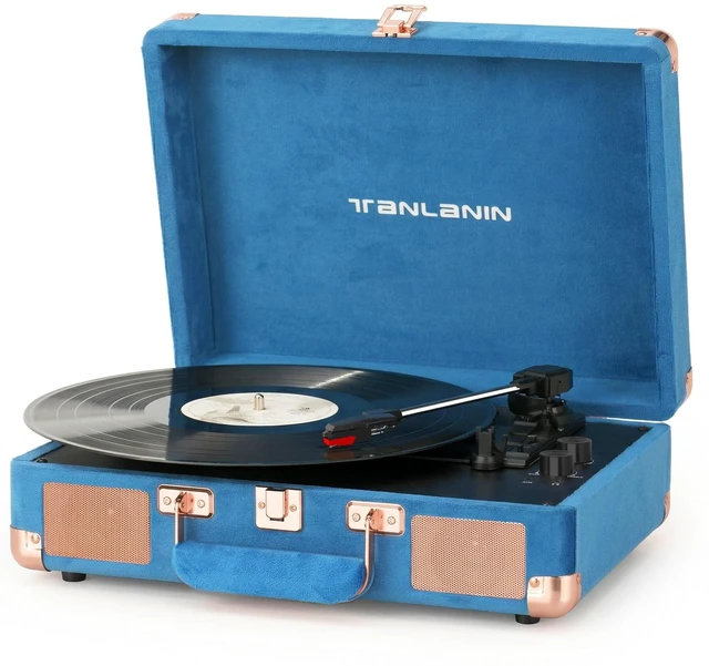 Main image of Velvet Record Player with Built-in Speakers, Bass/Treble Control, Blue Vintage portable suitcase turntable Bluetooth input, 3-speed auto stop, RCA/AUX/headphone jack, home décor gift for dorms