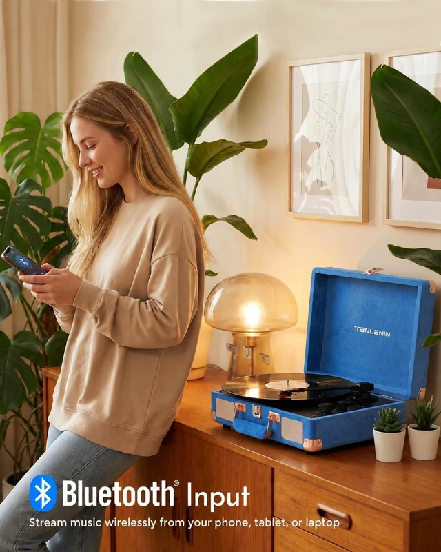 Alt view image 3 of 7 - Velvet Record Player with Built-in Speakers, Bass/Treble Control, Blue Vintage portable suitcase turntable Bluetooth input, 3-speed auto stop, RCA/AUX/headphone jack, home décor gift for dorms