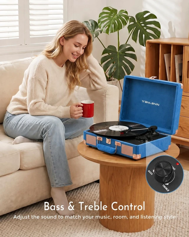 Alt view image 5 of 7 - Velvet Record Player with Built-in Speakers, Bass/Treble Control, Blue Vintage portable suitcase turntable Bluetooth input, 3-speed auto stop, RCA/AUX/headphone jack, home décor gift for dorms