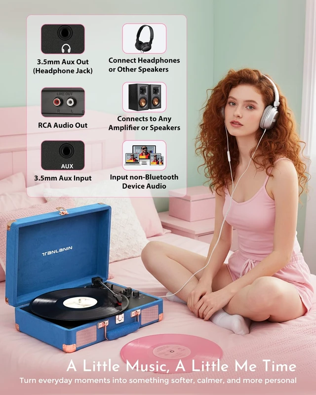 Alt view image 6 of 7 - Velvet Record Player with Built-in Speakers, Bass/Treble Control, Blue Vintage portable suitcase turntable Bluetooth input, 3-speed auto stop, RCA/AUX/headphone jack, home décor gift for dorms