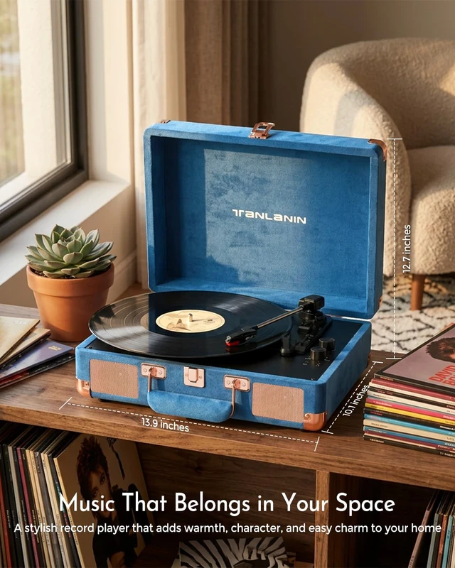 Alt view image 7 of 7 - Velvet Record Player with Built-in Speakers, Bass/Treble Control, Blue Vintage portable suitcase turntable Bluetooth input, 3-speed auto stop, RCA/AUX/headphone jack, home décor gift for dorms