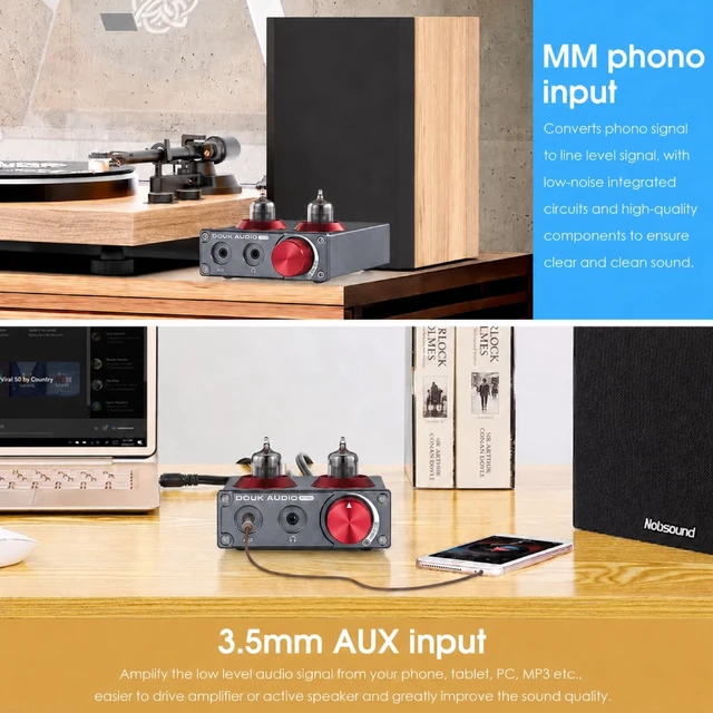 Alt view image 2 of 7 - Tube Phono Preamp: 6CS6 Headphone Amp for Turntable (T4 PRO) MM Input & 3.5mm AUX, RIAA EQ, 105dB SNR, NE5532 Output 150mW 32-300, Aluminum Vintage Chassis for Vinyl Player Home Stereo
