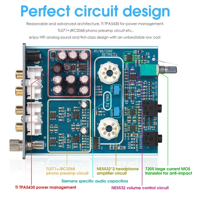 Alt view image 5 of 7 - Tube Phono Preamp: 6CS6 Headphone Amp for Turntable (T4 PRO) MM Input & 3.5mm AUX, RIAA EQ, 105dB SNR, NE5532 Output 150mW 32-300, Aluminum Vintage Chassis for Vinyl Player Home Stereo