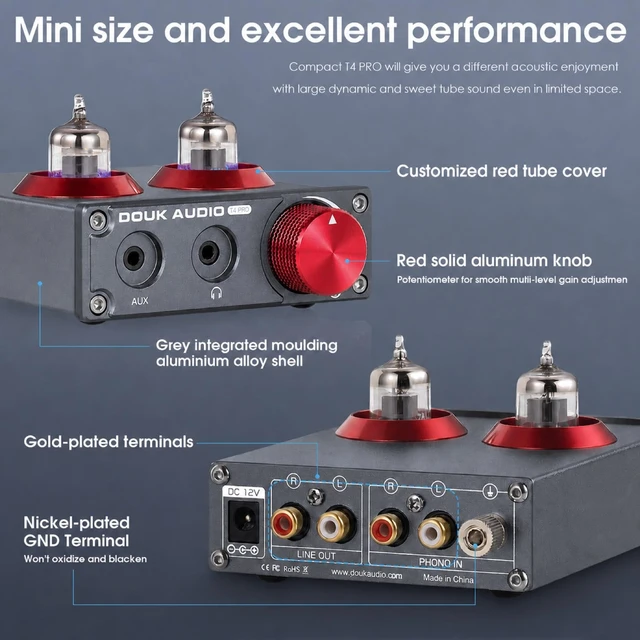 Alt view image 6 of 7 - Tube Phono Preamp: 6CS6 Headphone Amp for Turntable (T4 PRO) MM Input & 3.5mm AUX, RIAA EQ, 105dB SNR, NE5532 Output 150mW 32-300, Aluminum Vintage Chassis for Vinyl Player Home Stereo