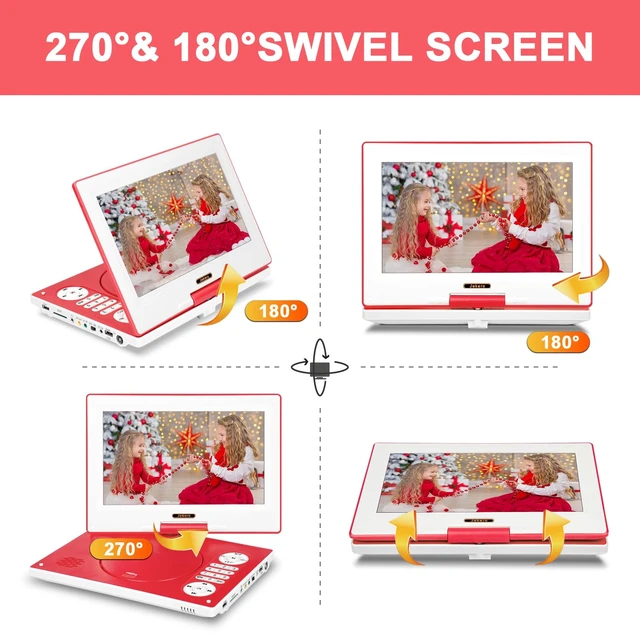 Alt view image 4 of 7 - 12.5" Portable DVD Player, 10.1" HD Swivel Screen, Red 5H Battery, Break-Point Memory, 270° Swivel Screen, Region-Free, Supports NES Games, for Car & Travel