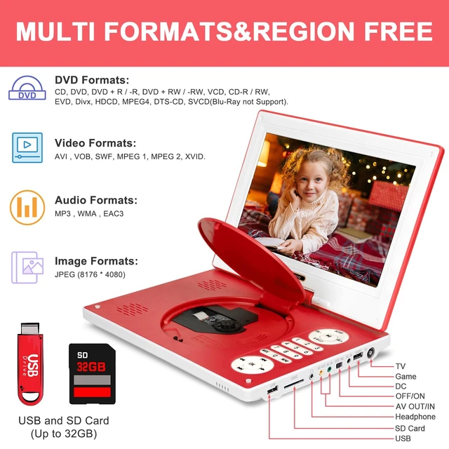 Alt view image 5 of 7 - 12.5" Portable DVD Player, 10.1" HD Swivel Screen, Red 5H Battery, Break-Point Memory, 270° Swivel Screen, Region-Free, Supports NES Games, for Car & Travel