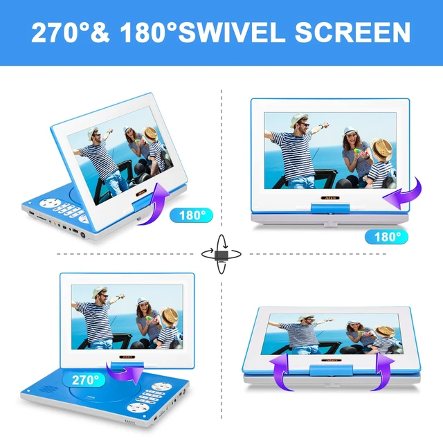 Alt view image 4 of 7 - 12.5" Portable DVD Player, 10.1" HD Swivel Screen, 5H Battery Kids 270° Swivel Screen, 5H Rechargeable Battery, Supports CD/DVD/USB/SD, Car Charger Included, Remote Control, Breakpoint Memory