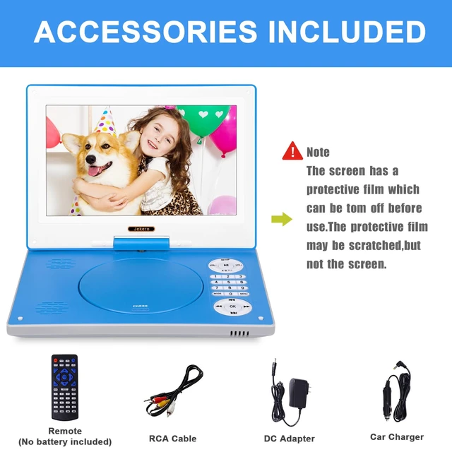 Alt view image 7 of 7 - 12.5" Portable DVD Player, 10.1" HD Swivel Screen, 5H Battery Kids 270° Swivel Screen, 5H Rechargeable Battery, Supports CD/DVD/USB/SD, Car Charger Included, Remote Control, Breakpoint Memory