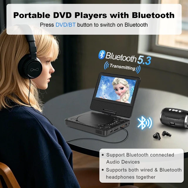 Alt view image 2 of 7 - DVD Player Bluetooth for Kids Road Trip, 7" Swivel HD Screen 5-Hour Battery, USB/TF 256GB, 1080P Support, Region-Free, BT Headphone Compatible, High-Volume Speaker, for Car Trip & Kids