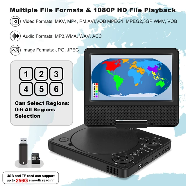 Alt view image 3 of 7 - DVD Player Bluetooth for Kids Road Trip, 7" Swivel HD Screen 5-Hour Battery, USB/TF 256GB, 1080P Support, Region-Free, BT Headphone Compatible, High-Volume Speaker, for Car Trip & Kids