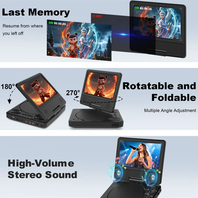 Alt view image 5 of 7 - DVD Player Bluetooth for Kids Road Trip, 7" Swivel HD Screen 5-Hour Battery, USB/TF 256GB, 1080P Support, Region-Free, BT Headphone Compatible, High-Volume Speaker, for Car Trip & Kids