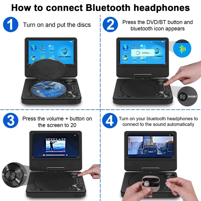 Alt view image 7 of 7 - DVD Player Bluetooth for Kids Road Trip, 7" Swivel HD Screen 5-Hour Battery, USB/TF 256GB, 1080P Support, Region-Free, BT Headphone Compatible, High-Volume Speaker, for Car Trip & Kids