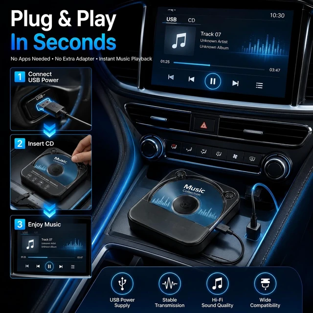 Alt view image 2 of 7 - Portable Car CD Player with USB/AUX Port for Car, Truck, Computer External CD Player Compatible with Car and Truck Radio Stereo, Laptop, TV, Computer, Universal for Vehicle with Adapter