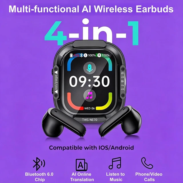 Alt view image 2 of 7 - NE70 AI Translator Earbuds, Bluetooth 6.0, LCD Touch Screen, Semi In-Ear | 60H Playtime, HiFi Sound, Audifonos Traductores Inglés Español 165 Languages Online Translation for Travel Commute Sports