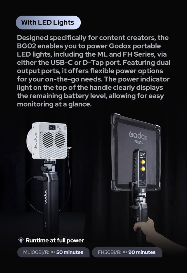 Alt view image 4 of 7 - BG02 Battery Grip with 14.4V 6600mAh Power Pack for AD200Pro II 95.04Wh Handgrip with D-Tap and USB-C Outputs, Compatible with AD200 AD200Pro II AD300Pro II, ML100Bi ML100R and ML60Bi Light