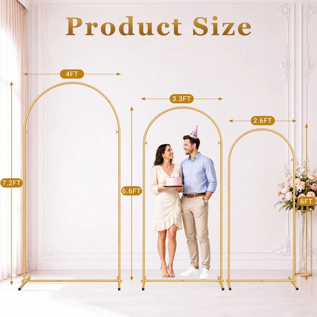 Alt view image 3 of 7 - Wedding Arch Backdrop Stand Set of 3, 7.2FT, 6.6FT & 6FT Gold Metal Balloon Arch Frame for Flowers, Wedding Ceremony, Birthday, Baby Shower and Party Decor