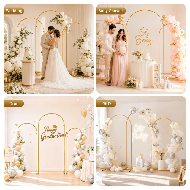 Alt view image 6 of 7 - Wedding Arch Backdrop Stand Set of 3, 7.2FT, 6.6FT & 6FT Gold Metal Balloon Arch Frame for Flowers, Wedding Ceremony, Birthday, Baby Shower and Party Decor
