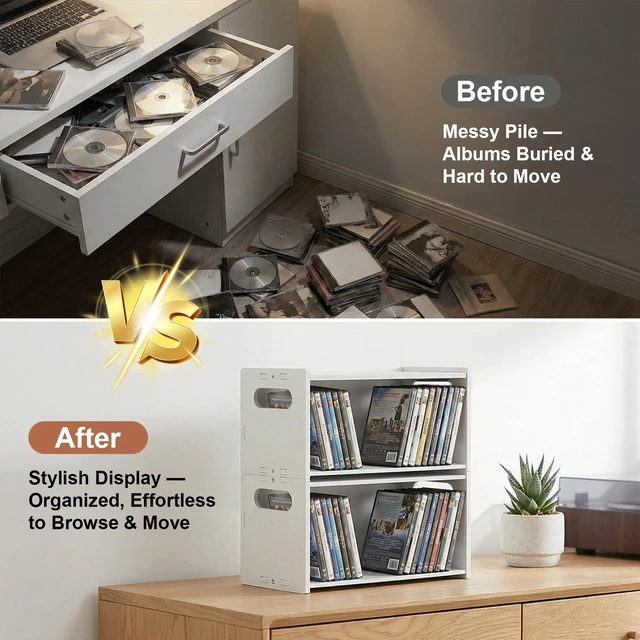 Alt view image 3 of 7 - 2-Pack Stackable CD DVD Storage Rack, Holds 58 CDs or DVDs | 2-pack stackable CD DVD storage rack holds 58 CDs or DVDs, saves space, displays disc cases, and makes a gift for collectors