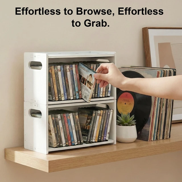 Alt view image 5 of 7 - 2-Pack Stackable CD DVD Storage Rack, Holds 58 CDs or DVDs | 2-pack stackable CD DVD storage rack holds 58 CDs or DVDs, saves space, displays disc cases, and makes a gift for collectors