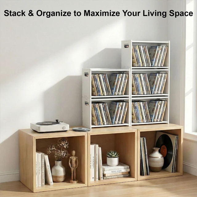 Alt view image 6 of 7 - 2-Pack Stackable CD DVD Storage Rack, Holds 58 CDs or DVDs | 2-pack stackable CD DVD storage rack holds 58 CDs or DVDs, saves space, displays disc cases, and makes a gift for collectors
