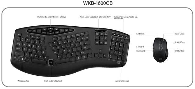 Alt view image 6 of 6 - WKB-1600CB TruForm Wireless Ergonomic Keyboard & Optical Mouse Combo Media, Split Design, Adjustable DPI, 24 GHz RF Technology, Multimedia Hotkeys
