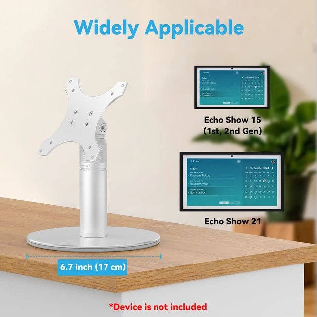 Alt view image 3 of 7 - Desk Stand for Echo Show 21/Echo Show 15, Raise Up to 9.5" from Desk Adjustable Height, 360° Swivle and Tilt Mount, Aluminum, No Tool Required, Stable Centered Rod, Ideal for Kitchen, Silver