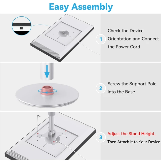 Alt view image 6 of 7 - Desk Stand for Echo Show 21/Echo Show 15, Raise Up to 9.5" from Desk Adjustable Height, 360° Swivle and Tilt Mount, Aluminum, No Tool Required, Stable Centered Rod, Ideal for Kitchen, Silver