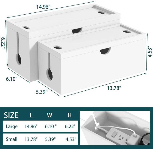 Alt view image 3 of 7 - Bamboo Cable Management Box, Large Cord Organizer Box Cable Box to Hide Wires & Power Strips for Desktop Storage Cord Holder for Office Home,No Assembley Required (All White, 2 Packs(M+L))