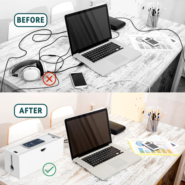 Alt view image 5 of 7 - Bamboo Cable Management Box, Large Cord Organizer Box Cable Box to Hide Wires & Power Strips for Desktop Storage Cord Holder for Office Home,No Assembley Required (All White, 2 Packs(M+L))