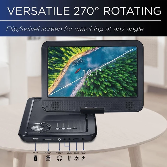 Alt view image 3 of 7 - Portable DVD Player 10.1 5-Hour Built-in Rechargeable Battery, 9" Swivel Screen,Built in USB and SD/SDHC Memory Card Slots Remote Control, 3.5 mm Headphone Jack, AC Adapter Car Adapter