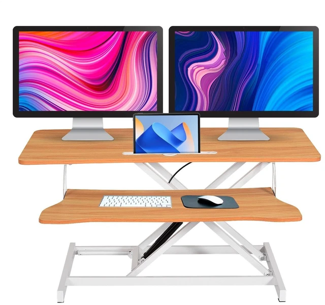 Main image of Standing Desk Converter 37 Inch Height Adjustable Desk Riser with GasSpring Lift, Duals Screen Converter and Laptop Workstation, Sit Stand Ergonomic Riser with Wide Keyboard Tray for Offices (Wood)