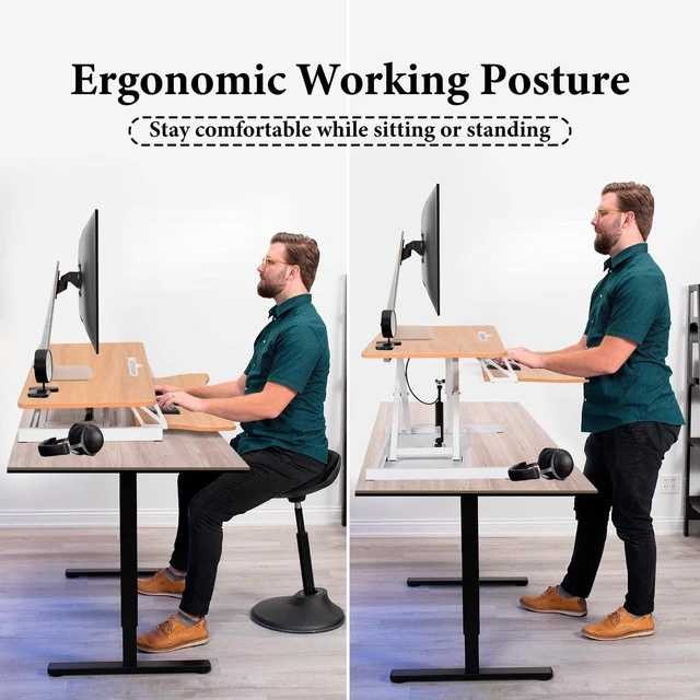 Alt view image 5 of 7 - Standing Desk Converter 37 Inch Height Adjustable Desk Riser with GasSpring Lift, Duals Screen Converter and Laptop Workstation, Sit Stand Ergonomic Riser with Wide Keyboard Tray for Offices (Wood)