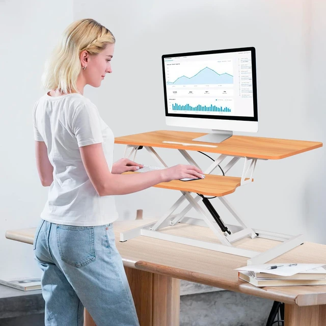 Alt view image 6 of 7 - Standing Desk Converter 37 Inch Height Adjustable Desk Riser with GasSpring Lift, Duals Screen Converter and Laptop Workstation, Sit Stand Ergonomic Riser with Wide Keyboard Tray for Offices (Wood)