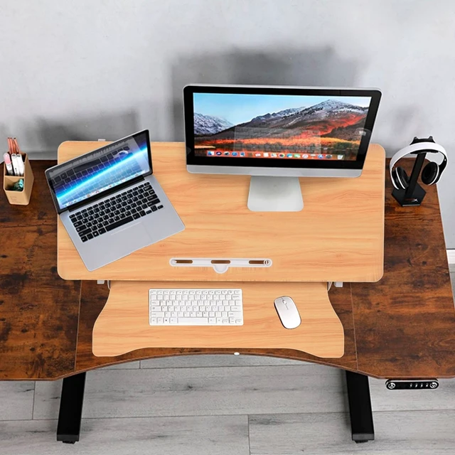 Alt view image 7 of 7 - Standing Desk Converter 37 Inch Height Adjustable Desk Riser with GasSpring Lift, Duals Screen Converter and Laptop Workstation, Sit Stand Ergonomic Riser with Wide Keyboard Tray for Offices (Wood)