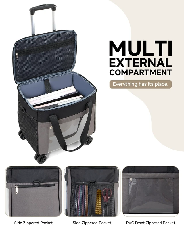 Alt view image 4 of 7 - Rolling Teacher Tote Bag with 5-Wheel, Heavy Duty Organizer Work Bag Water-Resistant, Fits 15.6 Laptop for Crafter Nurse, Grey