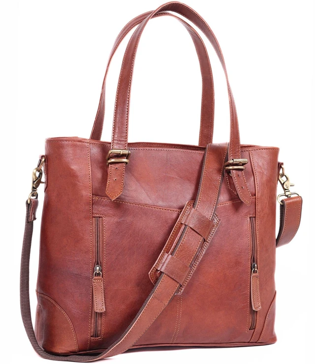 Main image of 17-inch Large Leather Tote Bag for Women Genuine Brown Leather Laptop Bag with Zipper Professional Briefcase, Computer Tote for Work, Business, Travel, & Daily Use