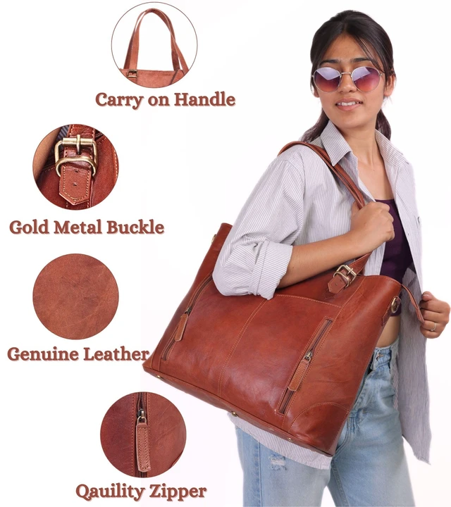 Alt view image 2 of 7 - 17-inch Large Leather Tote Bag for Women Genuine Brown Leather Laptop Bag with Zipper Professional Briefcase, Computer Tote for Work, Business, Travel, & Daily Use