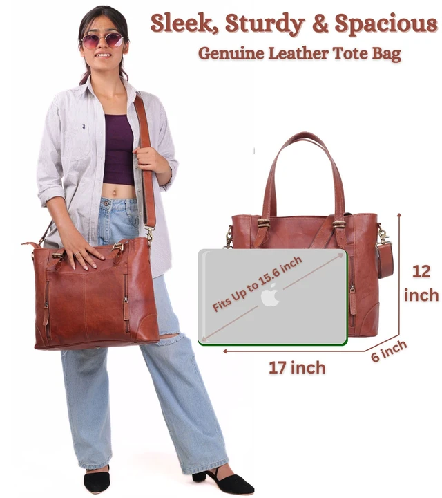 Alt view image 3 of 7 - 17-inch Large Leather Tote Bag for Women Genuine Brown Leather Laptop Bag with Zipper Professional Briefcase, Computer Tote for Work, Business, Travel, & Daily Use
