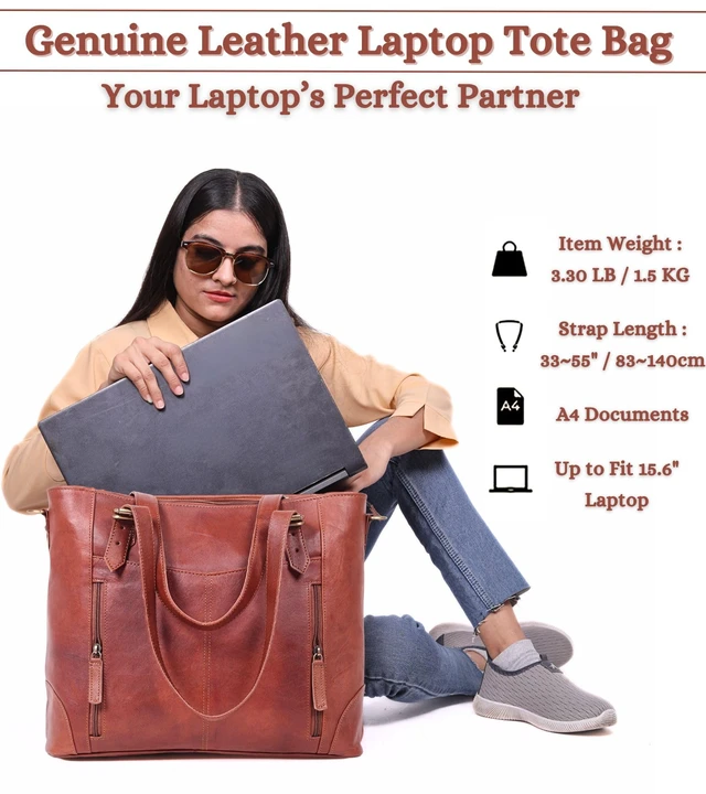 Alt view image 4 of 7 - 17-inch Large Leather Tote Bag for Women Genuine Brown Leather Laptop Bag with Zipper Professional Briefcase, Computer Tote for Work, Business, Travel, & Daily Use