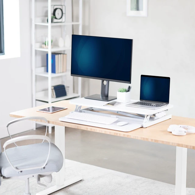 Alt view image 2 of 6 - White 32 inch Standing Desk Riser, DESK-V000SW | Height Adjustable, Stand Up Desk Converter, Quick Sit to Stand, Tabletop Dual Monitor Riser Workstation, Minimal Assembly