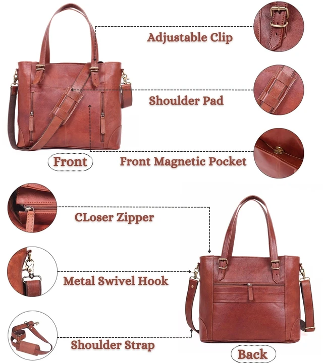 Alt view image 5 of 7 - 17-inch Large Leather Tote Bag for Women Genuine Brown Leather Laptop Bag with Zipper Professional Briefcase, Computer Tote for Work, Business, Travel, & Daily Use