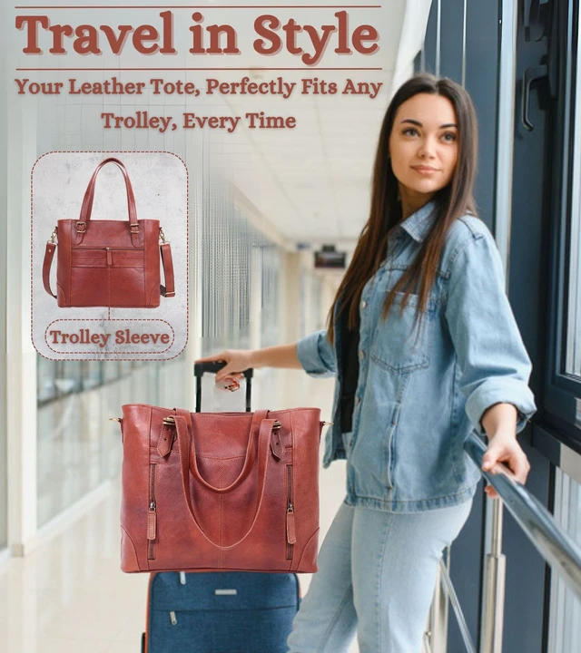 Alt view image 6 of 7 - 17-inch Large Leather Tote Bag for Women Genuine Brown Leather Laptop Bag with Zipper Professional Briefcase, Computer Tote for Work, Business, Travel, & Daily Use
