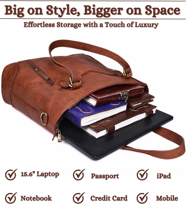 Alt view image 7 of 7 - 17-inch Large Leather Tote Bag for Women Genuine Brown Leather Laptop Bag with Zipper Professional Briefcase, Computer Tote for Work, Business, Travel, & Daily Use